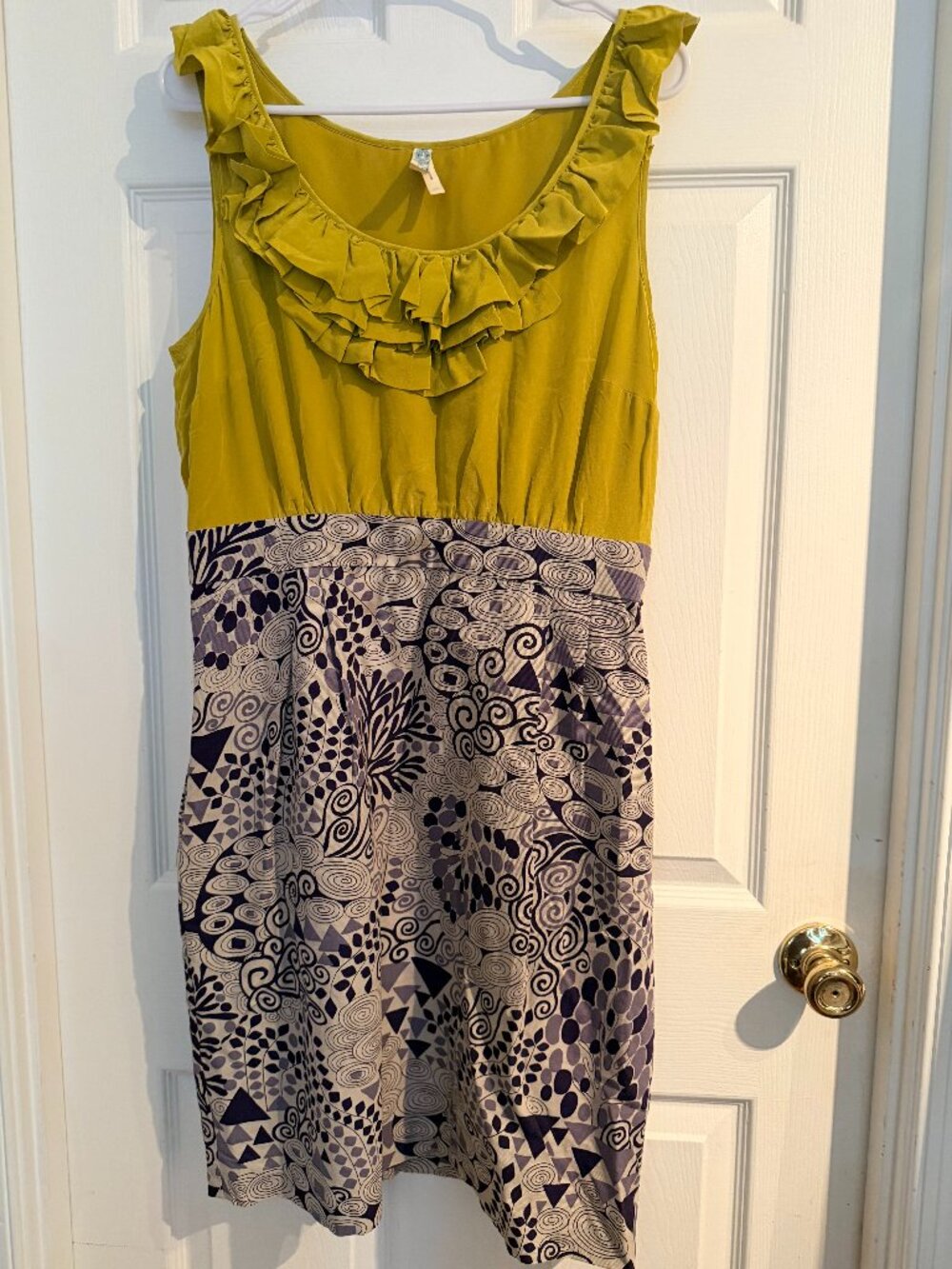 Anthropologie Maeve Chartreuse Ruffle Dress | Printed Skirt | Size 12